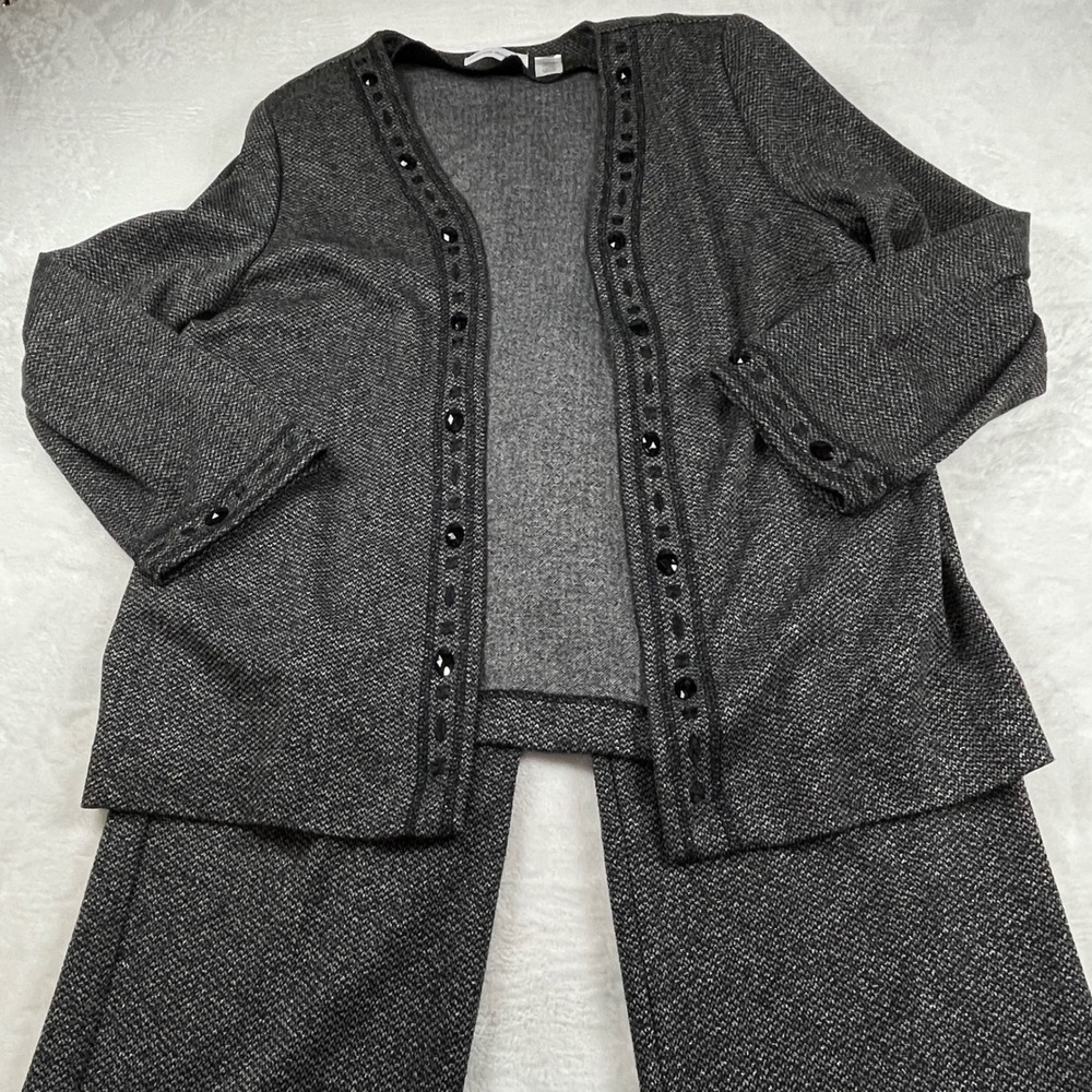 Alfred Dunner Womens Grey Marl Knit Pant Suit Set Gemstone Embellished‎ 12 10